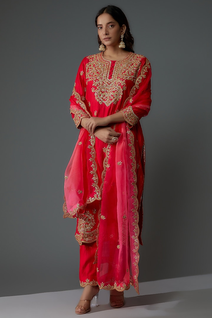 Red Pure Spun Silk Hand Embroidered Kurta Set by SURBHI SHAH at Pernia's Pop Up Shop