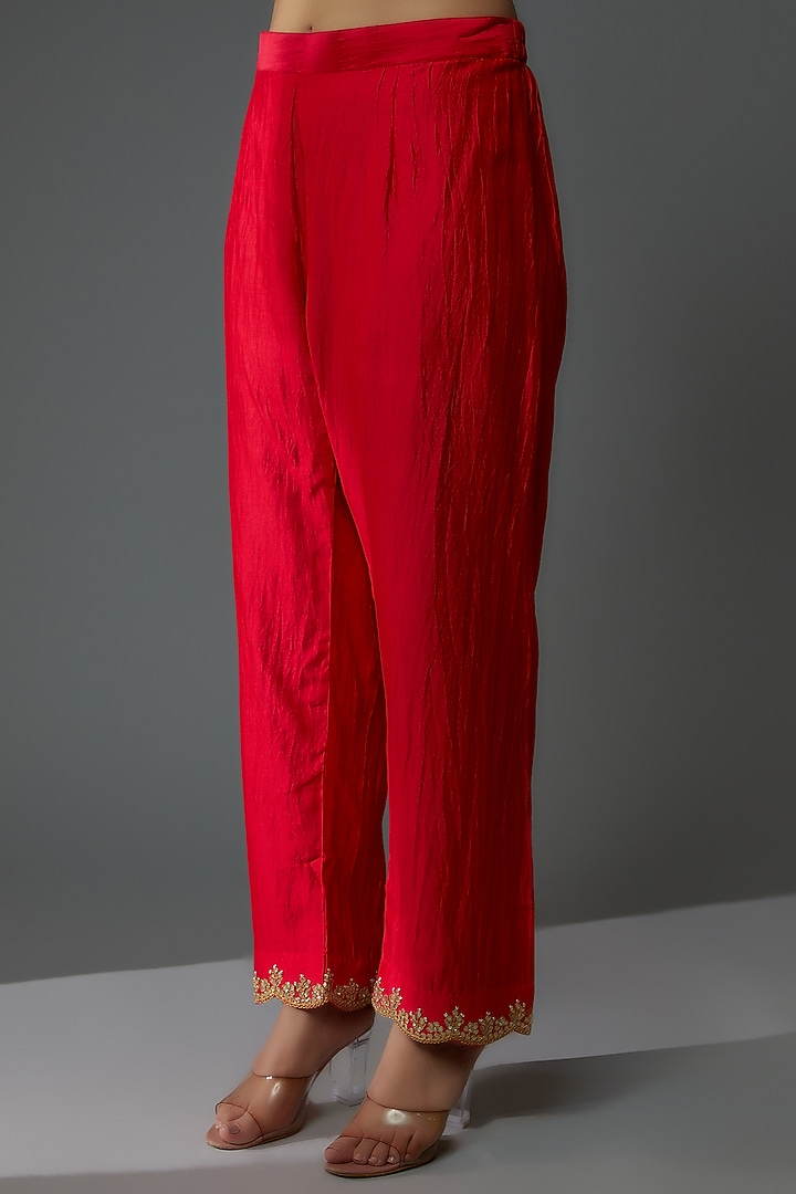 Red Pure Spun Silk Hand Embroidered Kurta Set by SURBHI SHAH at Pernia's Pop Up Shop