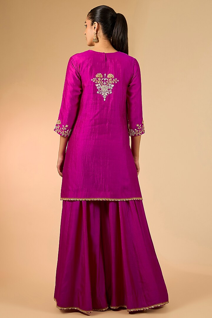 Magenta Spun Silk Marori Embroidered Wedding Sharara Set by Surbhi Shah at Pernia's Pop Up Shop