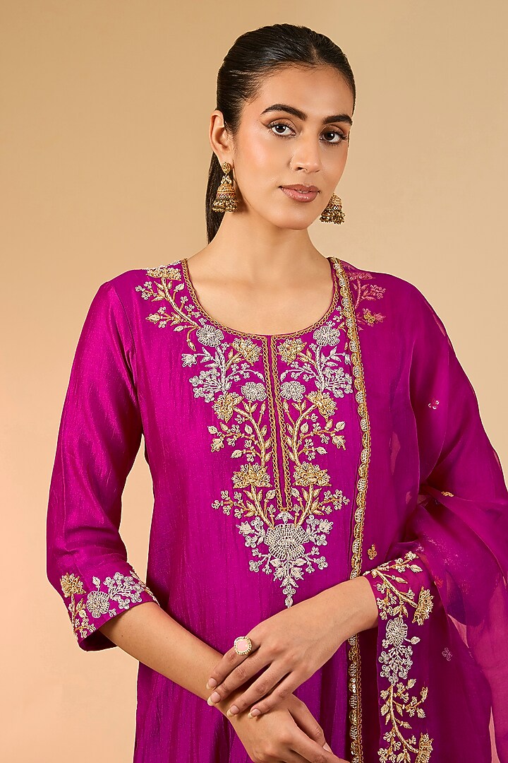 Magenta Spun Silk Marori Embroidered Wedding Sharara Set by Surbhi Shah at Pernia's Pop Up Shop