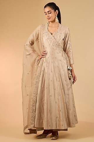 Pearl White Spun Silk Angrakha Kurta Set by Surbhi Shah