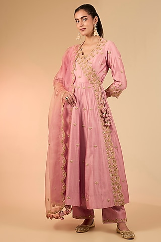Rose Gold Spun Silk Marori Work Angrakha Kurta Set by Surbhi Shah