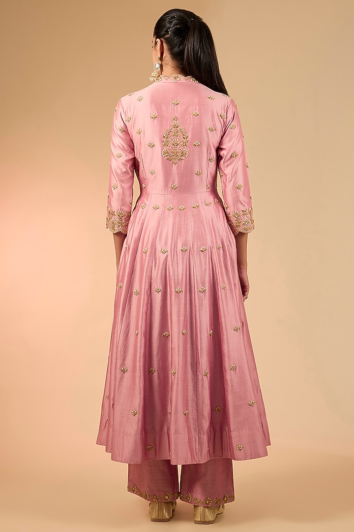 Rose Gold Spun Silk Marori Work Angrakha Kurta Set by Surbhi Shah at Pernia's Pop Up Shop