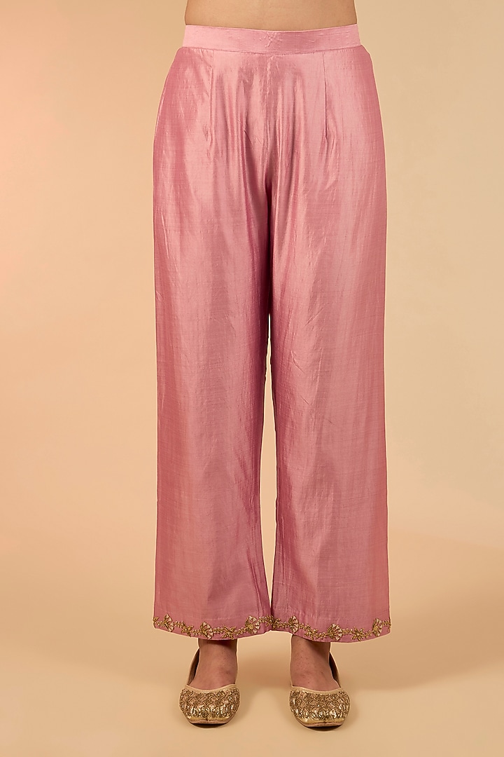 Rose Gold Spun Silk Marori Work Angrakha Kurta Set by Surbhi Shah at Pernia's Pop Up Shop