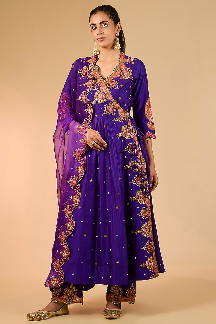 Purple Spun Silk Marori Work Angrakha Kurta Set by Surbhi Shah at Pernia's Pop Up Shop