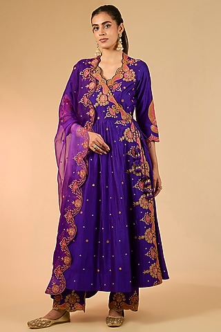 Purple Spun Silk Marori Work Angrakha Kurta Set by Surbhi Shah