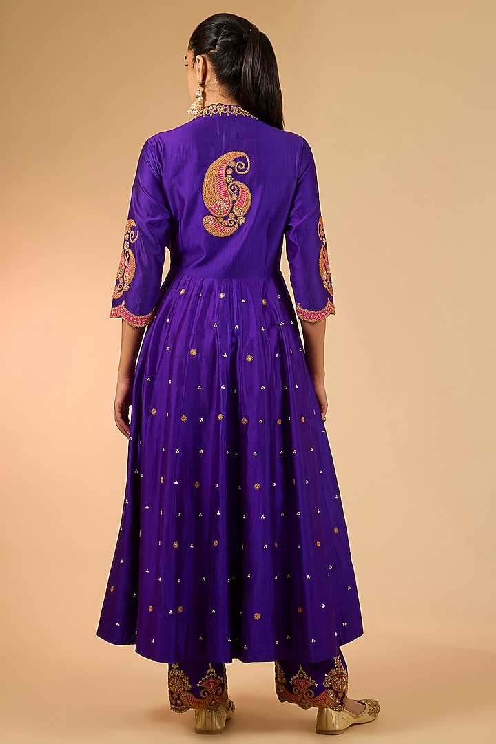 Purple Spun Silk Marori Work Angrakha Kurta Set by Surbhi Shah at Pernia's Pop Up Shop