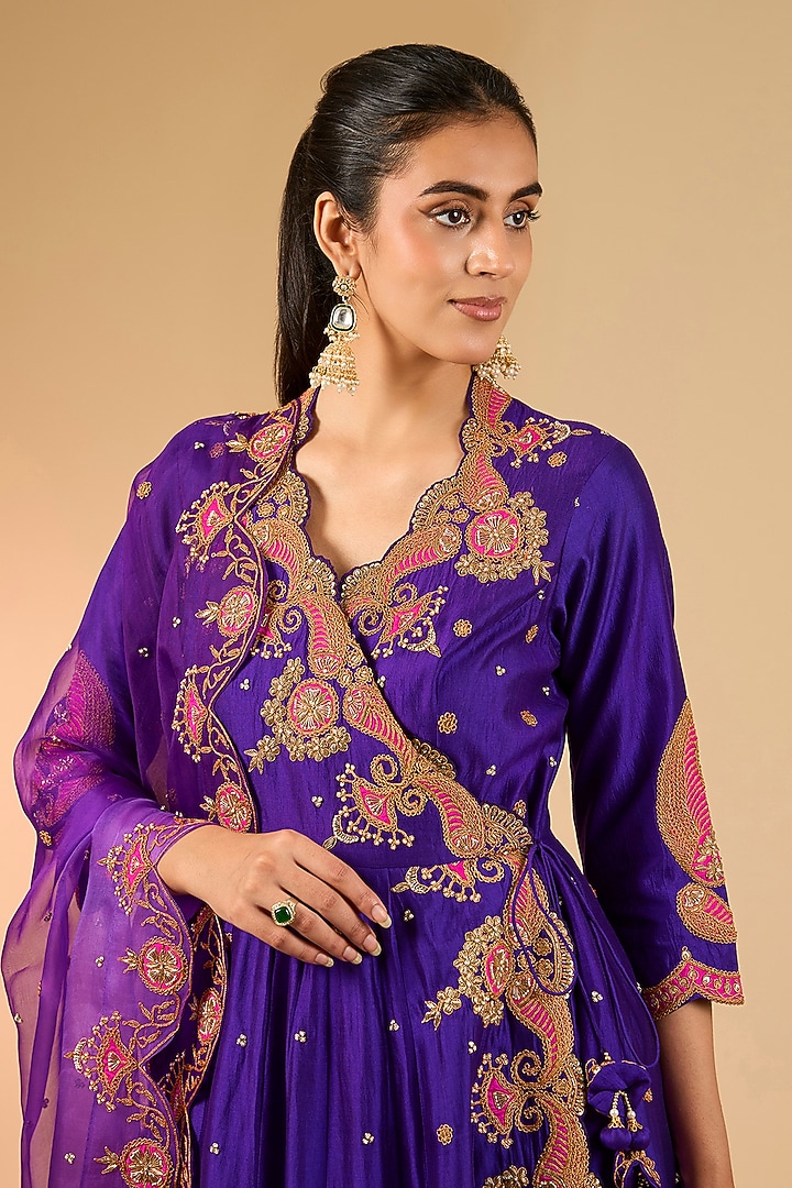 Purple Spun Silk Marori Work Angrakha Kurta Set by Surbhi Shah at Pernia's Pop Up Shop