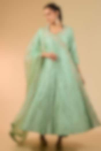 Sea Green Spun Silk Marori Work Angrakha Kurta Set by Surbhi Shah at Pernia's Pop Up Shop