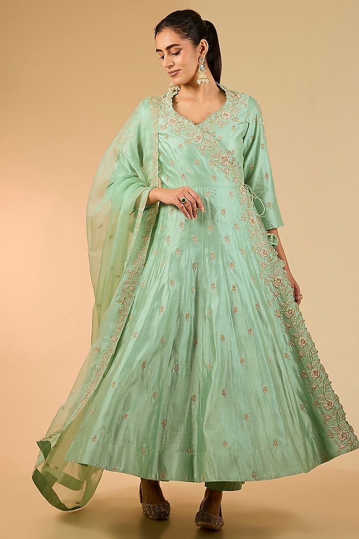 Sea Green Spun Silk Marori Work Angrakha Kurta Set by Surbhi Shah at Pernia's Pop Up Shop