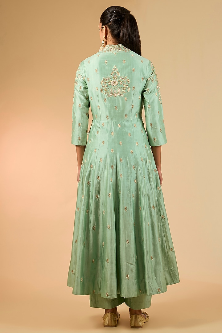 Sea Green Spun Silk Marori Work Angrakha Kurta Set by Surbhi Shah at Pernia's Pop Up Shop