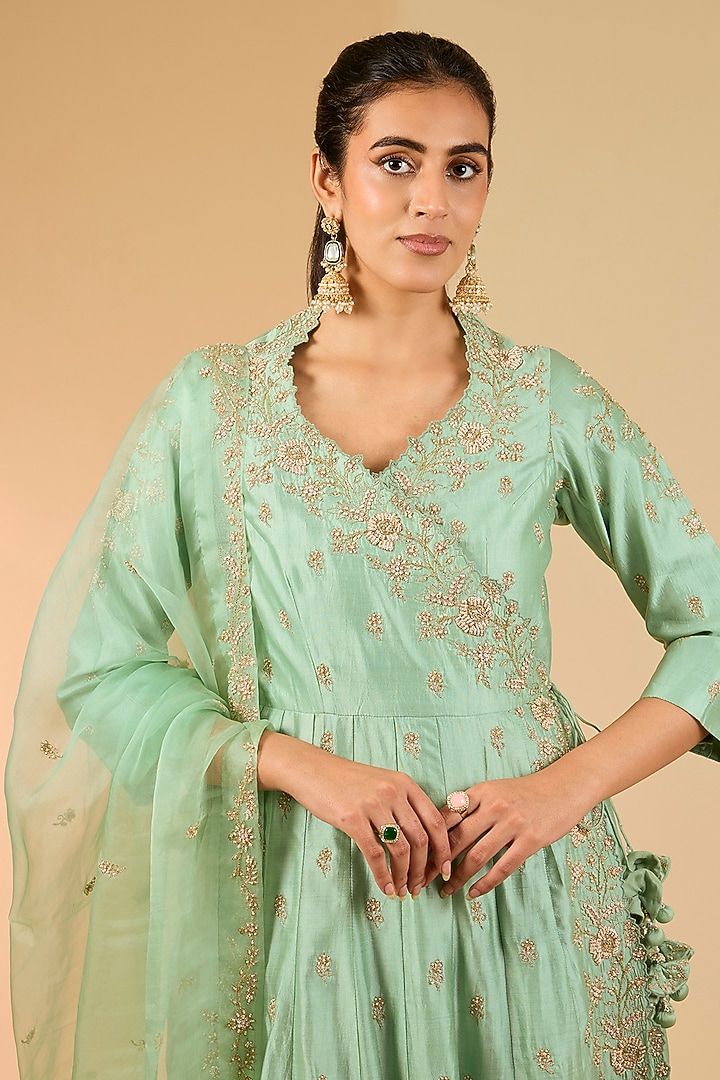 Sea Green Spun Silk Marori Work Angrakha Kurta Set by Surbhi Shah at Pernia's Pop Up Shop