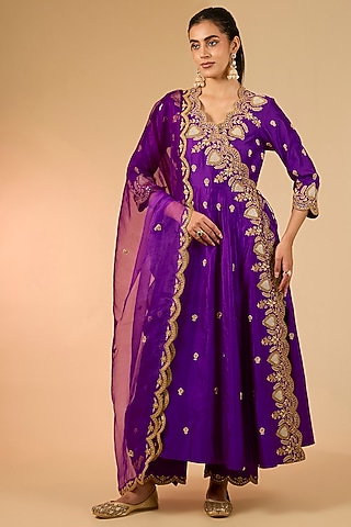 Magenta Spun Silk Marori Work Angrakha Kurta Set by Surbhi Shah