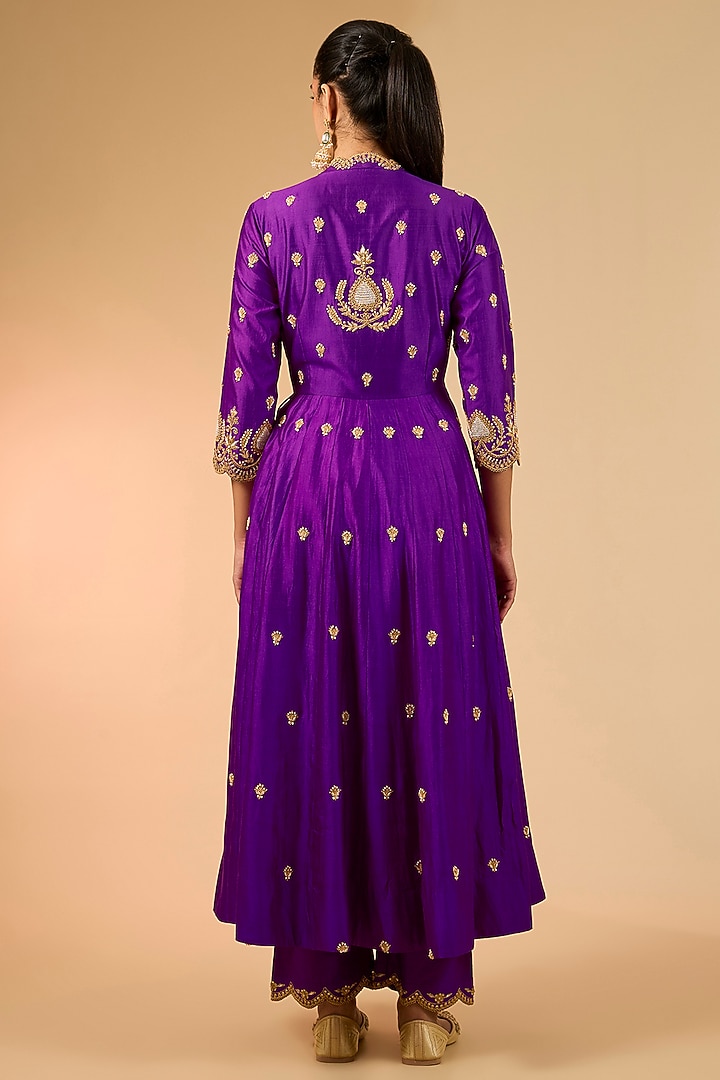 Magenta Spun Silk Marori Work Angrakha Kurta Set by Surbhi Shah at Pernia's Pop Up Shop
