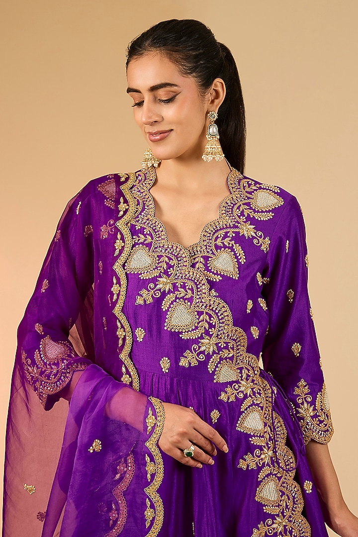 Magenta Spun Silk Marori Work Angrakha Kurta Set by Surbhi Shah at Pernia's Pop Up Shop