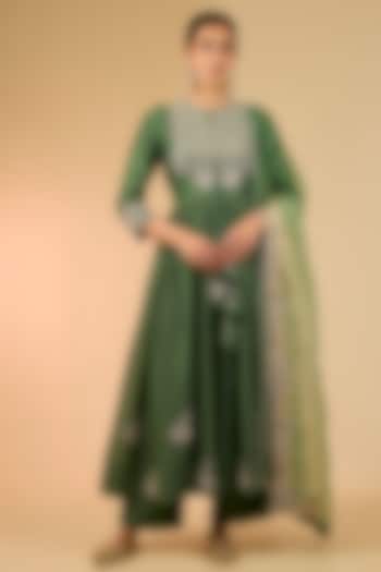 Sage Green Chanderi Zardosi Work Wedding Anarkali Set by Surbhi Shah at Pernia's Pop Up Shop
