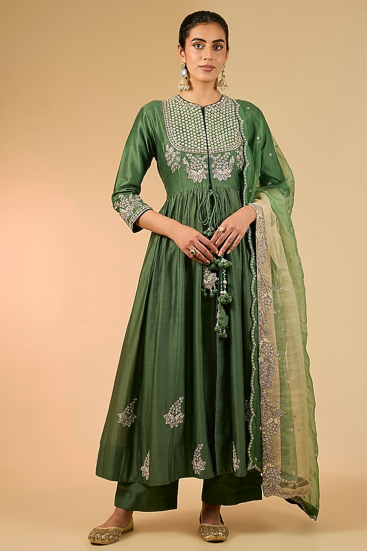 Sage Green Chanderi Zardosi Work Wedding Anarkali Set by Surbhi Shah at Pernia's Pop Up Shop