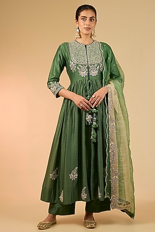 Sage Green Chanderi Zardosi Work Anarkali Set by Surbhi Shah