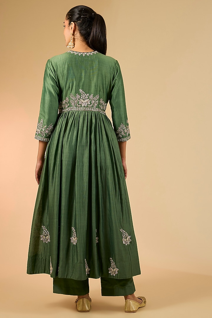 Sage Green Chanderi Zardosi Work Wedding Anarkali Set by Surbhi Shah at Pernia's Pop Up Shop