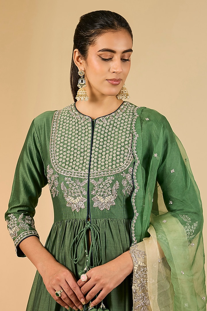 Sage Green Chanderi Zardosi Work Wedding Anarkali Set by Surbhi Shah at Pernia's Pop Up Shop