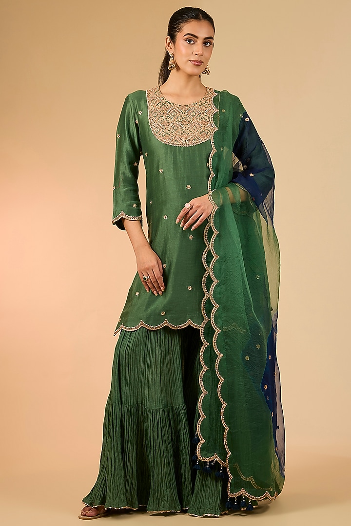 Sage Green Chanderi Marori Work Wedding Sharara Set by Surbhi Shah at Pernia's Pop Up Shop