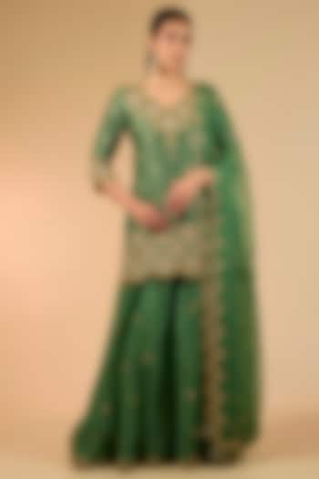 Sage Green Organza Marori Work Wedding Sharara Set by Surbhi Shah at Pernia's Pop Up Shop