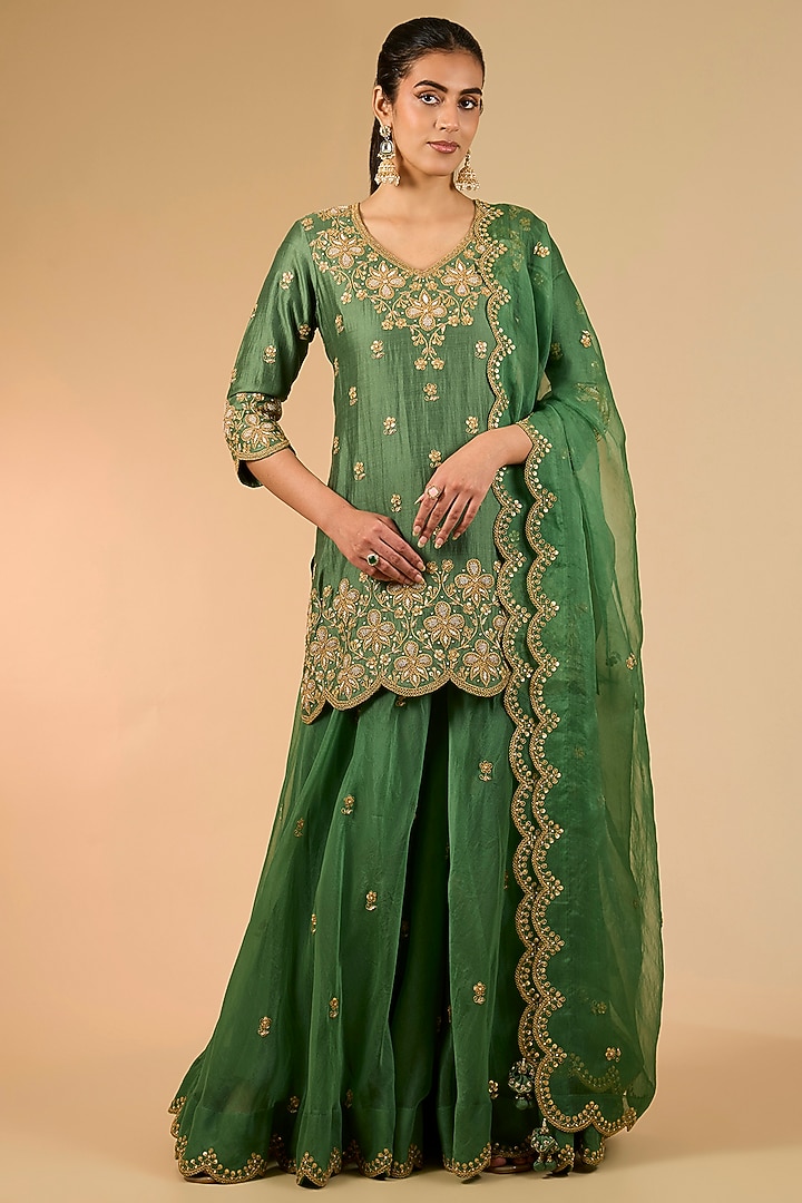 Sage Green Organza Marori Work Wedding Sharara Set by Surbhi Shah at Pernia's Pop Up Shop