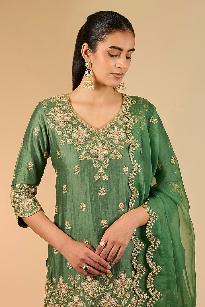 Sage Green Organza Marori Work Wedding Sharara Set by Surbhi Shah at Pernia's Pop Up Shop