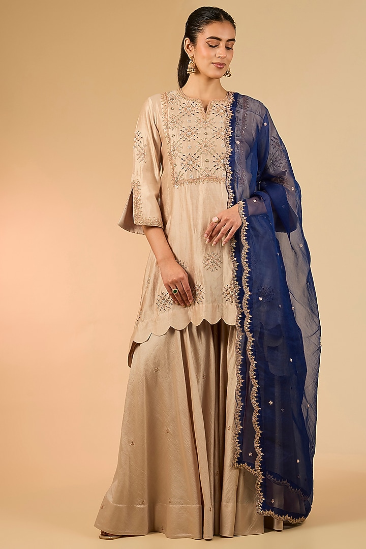 Champagne Spun Silk Zardosi Work Wedding Sharara Set by Surbhi Shah at Pernia's Pop Up Shop