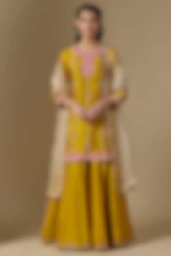 Mustard Spun Silk Wedding Sharara Set by SURBHI SHAH at Pernia's Pop Up Shop