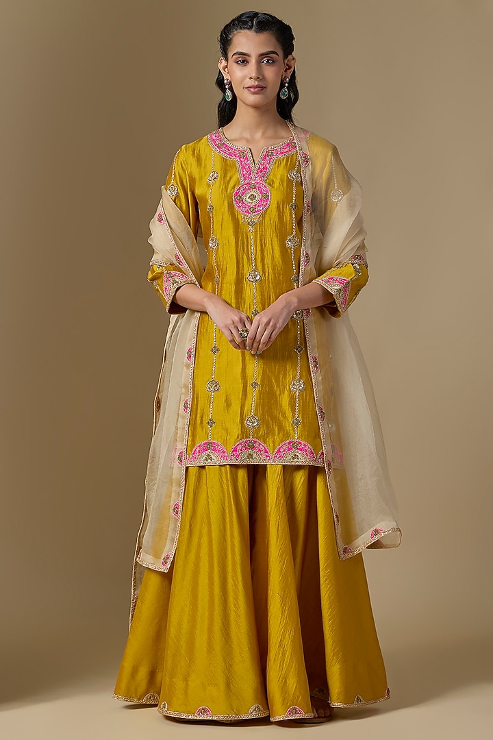 Mustard Spun Silk Wedding Sharara Set by SURBHI SHAH at Pernia's Pop Up Shop