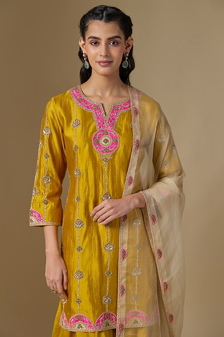 Mustard Spun Silk Wedding Sharara Set by SURBHI SHAH at Pernia's Pop Up Shop