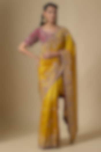Mustard Kora Silk Marori Work Reception Saree Set by SURBHI SHAH at Pernia's Pop Up Shop