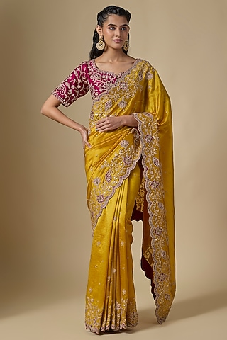 Mustard Kora Silk Marori Work Saree Set by SURBHI SHAH