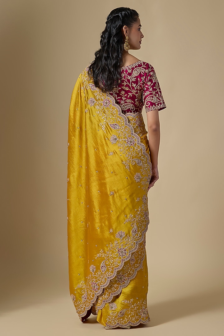 Mustard Kora Silk Marori Work Reception Saree Set by SURBHI SHAH at Pernia's Pop Up Shop