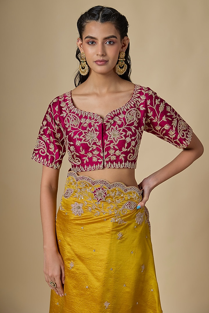 Mustard Kora Silk Marori Work Reception Saree Set by SURBHI SHAH at Pernia's Pop Up Shop