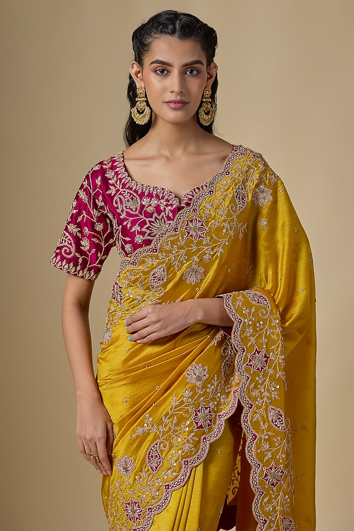 Mustard Kora Silk Marori Work Reception Saree Set by SURBHI SHAH at Pernia's Pop Up Shop
