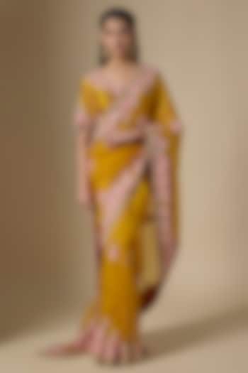 Mustard Organza Floral Work Reception Saree Set by SURBHI SHAH at Pernia's Pop Up Shop