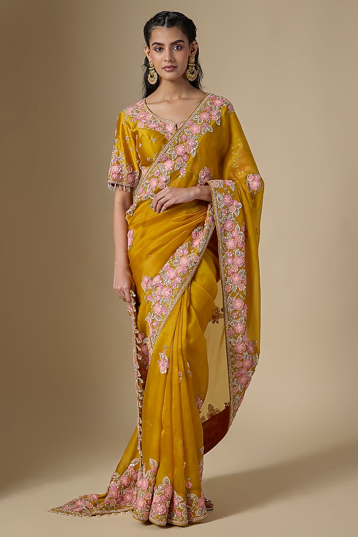 Mustard Organza Floral Work Reception Saree Set by SURBHI SHAH at Pernia's Pop Up Shop