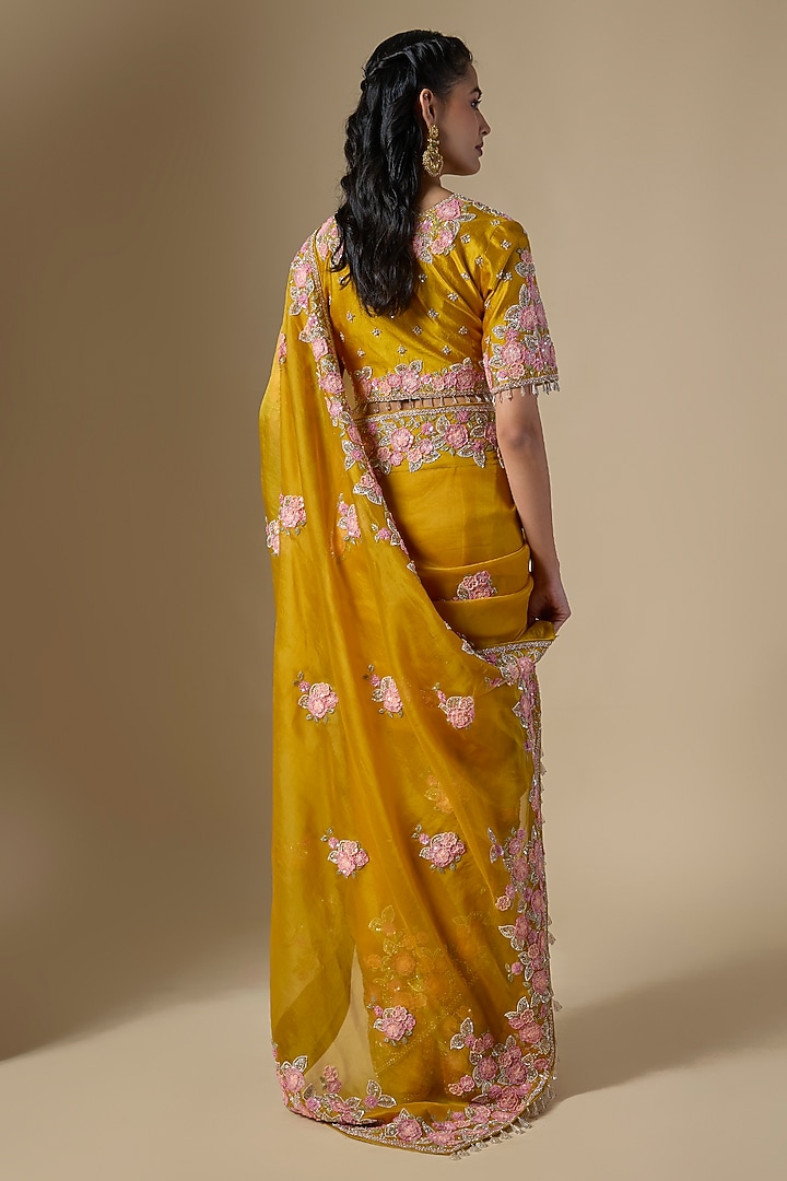 Mustard Organza Floral Work Reception Saree Set by SURBHI SHAH at Pernia's Pop Up Shop