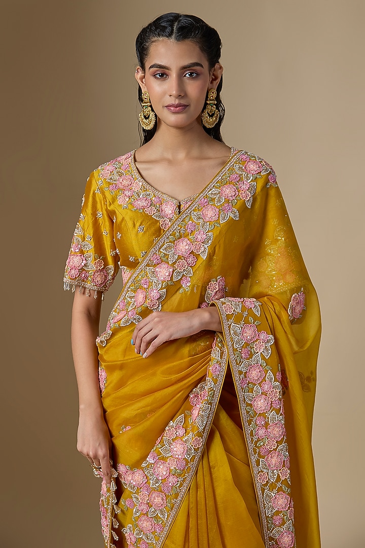 Mustard Organza Floral Work Reception Saree Set by SURBHI SHAH at Pernia's Pop Up Shop