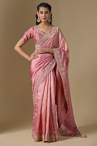 Rose Gold Kora Silk Marori Work Saree Set by SURBHI SHAH