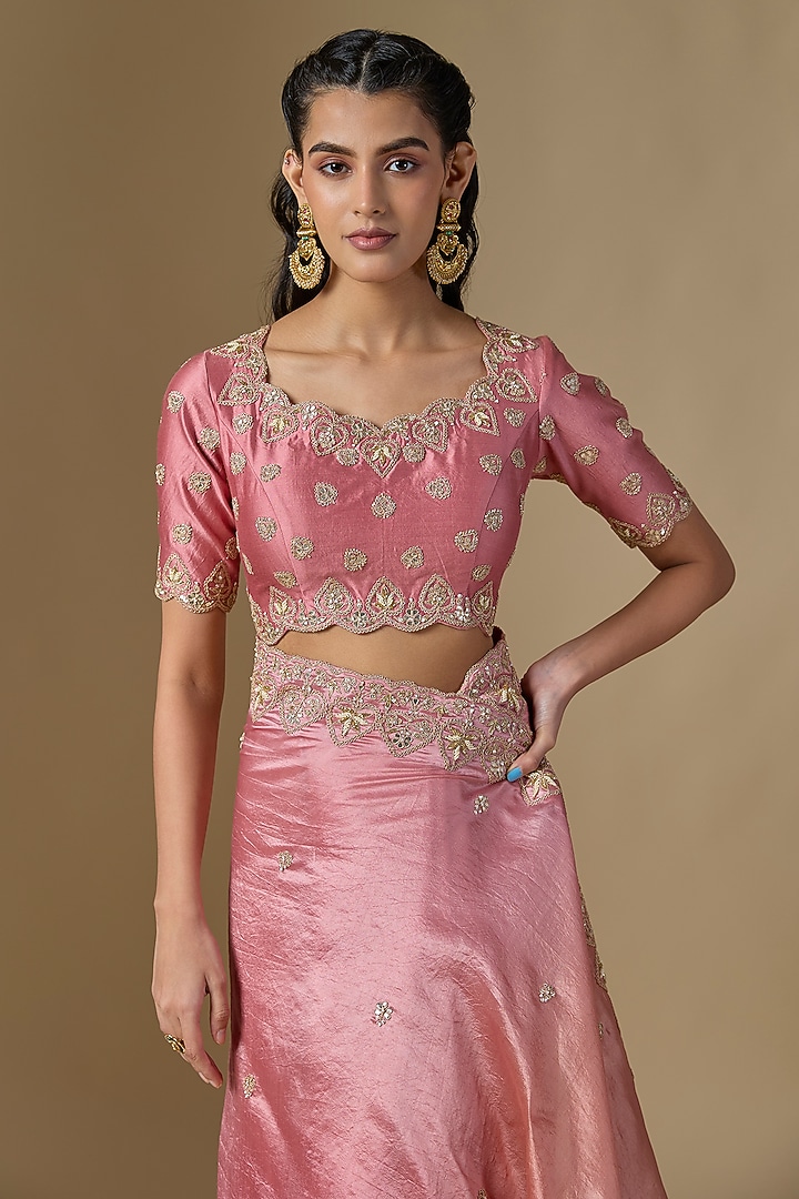 Rose Gold Kora Silk Marori Work Wedding Saree Set by SURBHI SHAH at Pernia's Pop Up Shop