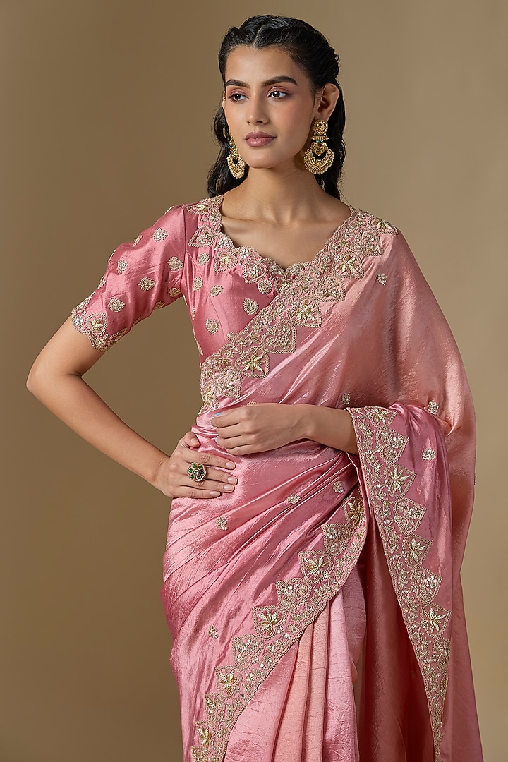 Rose Gold Kora Silk Marori Work Wedding Saree Set by SURBHI SHAH at Pernia's Pop Up Shop