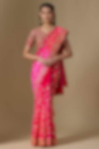 Red-Rani Kora Silk Mirror Work Reception Saree Set by SURBHI SHAH at Pernia's Pop Up Shop