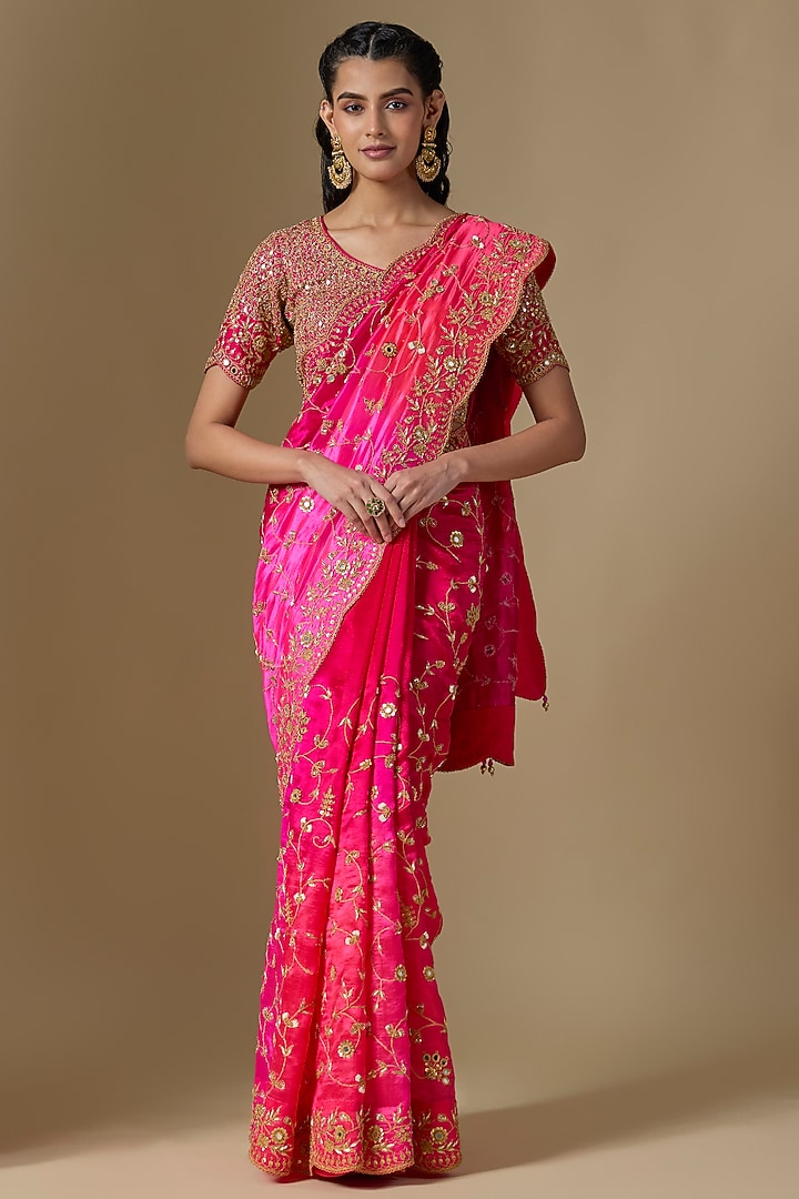 Red-Rani Kora Silk Mirror Work Reception Saree Set by SURBHI SHAH at Pernia's Pop Up Shop
