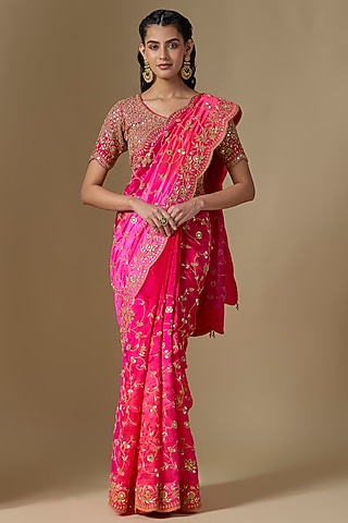 Red-Rani Kora Silk Mirror Work Saree Set by SURBHI SHAH