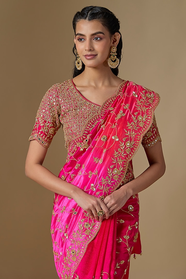 Red-Rani Kora Silk Mirror Work Reception Saree Set by SURBHI SHAH at Pernia's Pop Up Shop