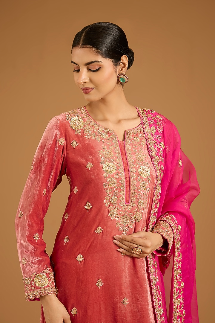 Old Rose Velvet Marori Hand Embroidered Kurta Set by SURBHI SHAH at Pernia's Pop Up Shop
