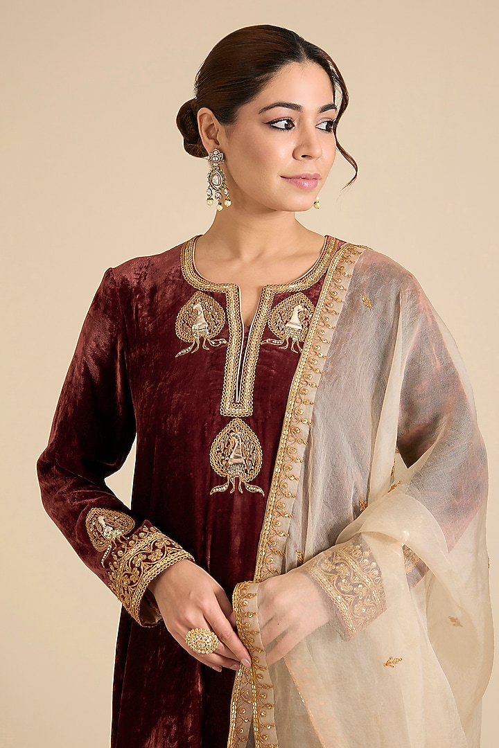 Brown & Champagne Velvet Embroidered Kurta Set by SURBHI SHAH at Pernia's Pop Up Shop